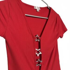 Red Short Sleeve Top with Star Rhinestone Buttons Size Small